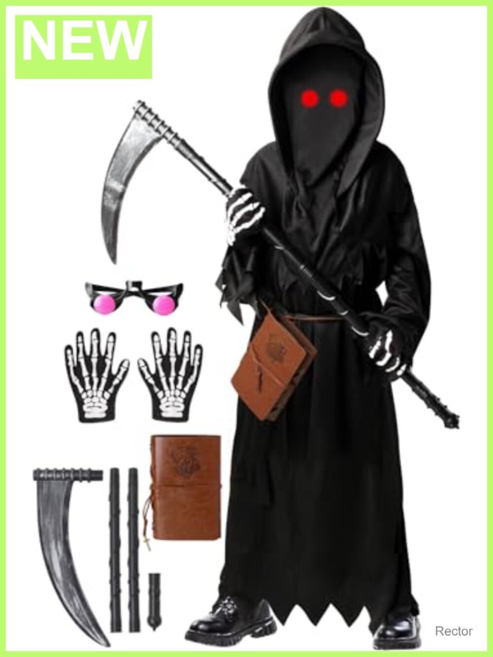 Grim Reaper Costume Kids 6 PCS Set Scary Halloween Dress Up Polyester